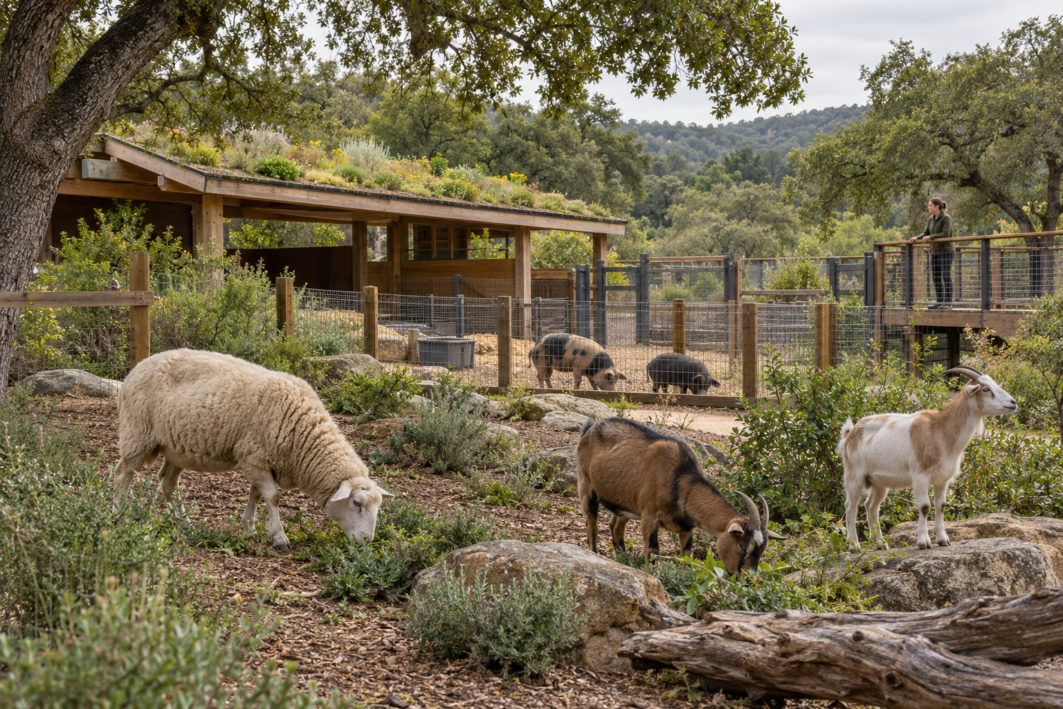 Concept of sheep and goats in a spacious sanctuary paddock with separate pig habitat and planted-roof shelter