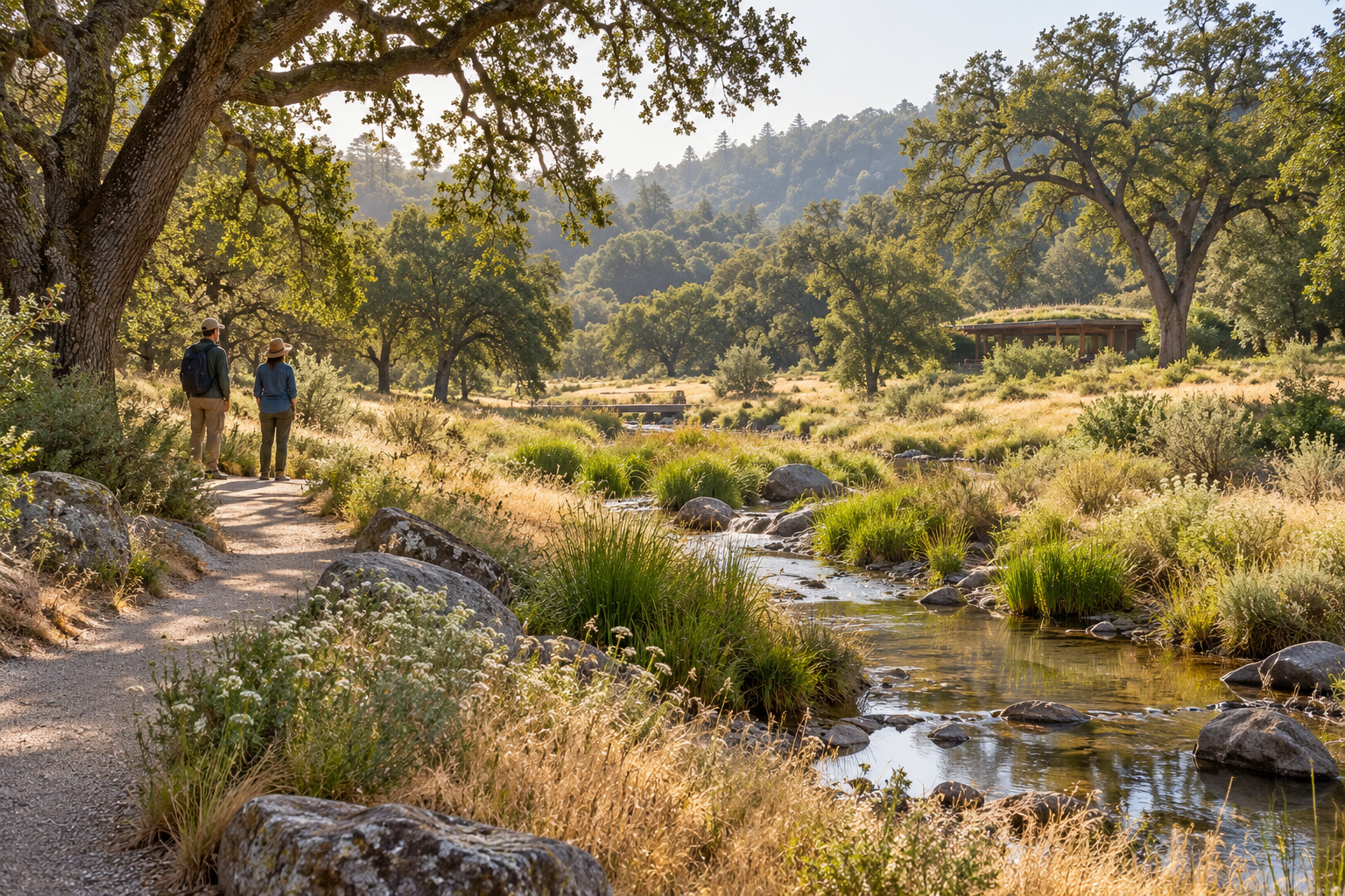 Concept of an oak woodland and seasonal creek corridor with a gently curving trail