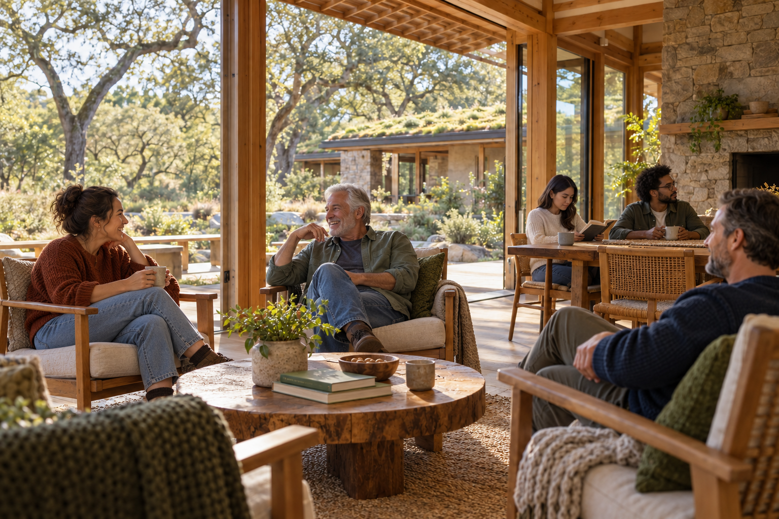 Concept of caregivers resting and connecting in a garden-facing community room